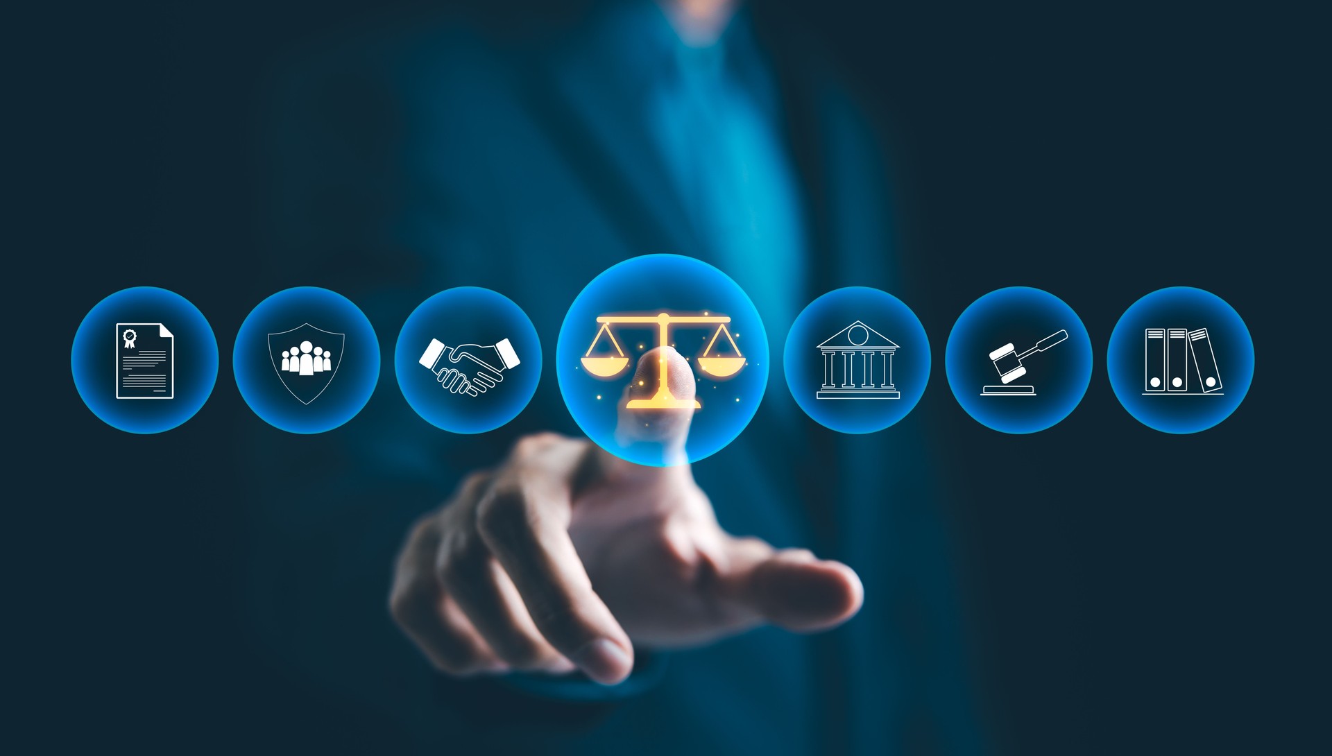 Legal Professional with Justice Icons. A suited legal professional touches virtual icons symbolizing law, justice, and legal services. business legislation, Notary public, legal advice online, Lawyer,