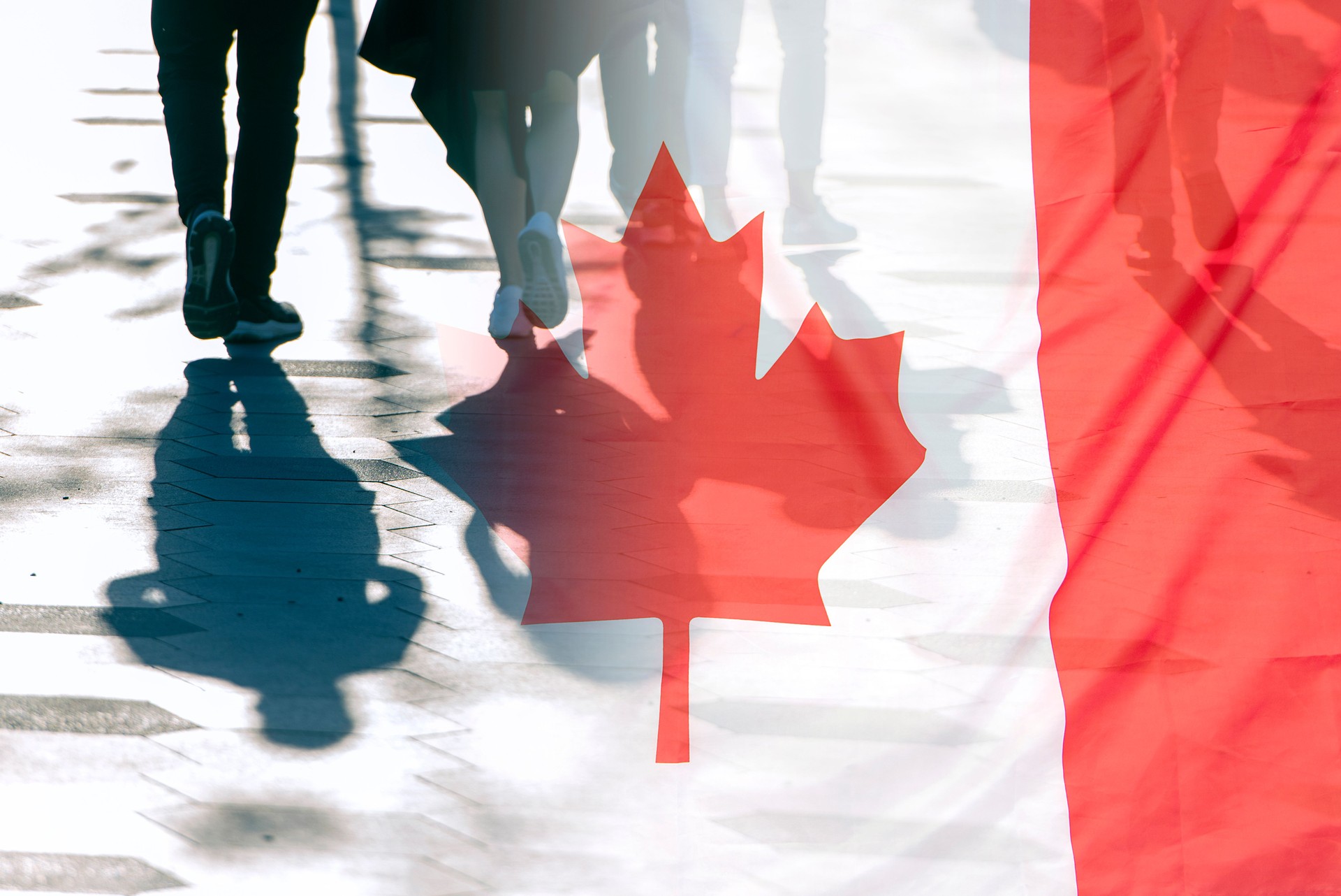 The National Flag of Canada and shadows of people, concept picture