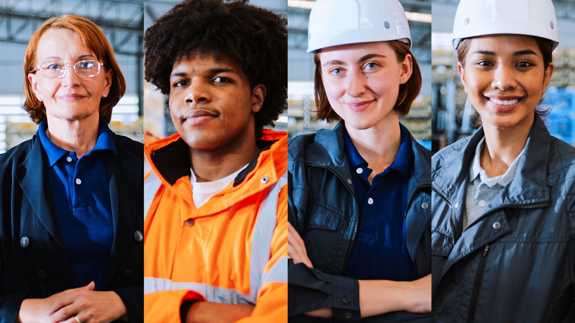 Multi split screen video collage portrait of multiethnic diverse group of factory warehouse worker, engineer, entrepreneur manager. Logistic industry business, industrial job, people at work concept